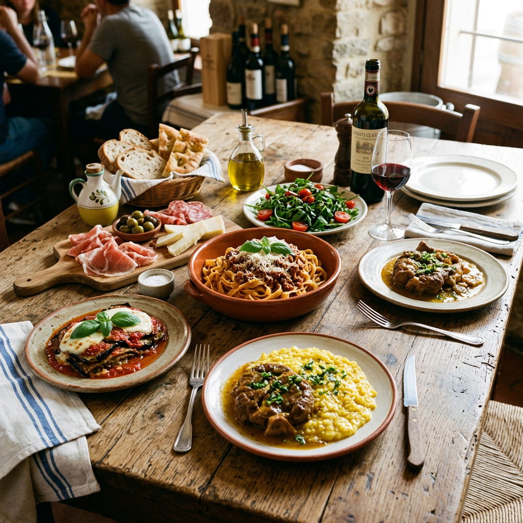 Rustic wooden table with Italian dishes including pasta, salad, meat with polenta, eggplant parmesan, bread, charcuterie, olives, and a glass of red wine