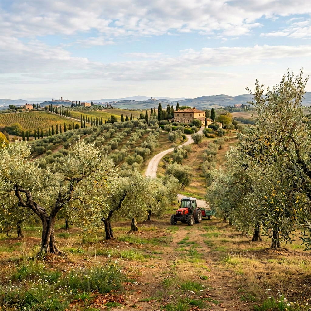 Farmer harvesting olives in a Tuscan grove beside a ladder and basket